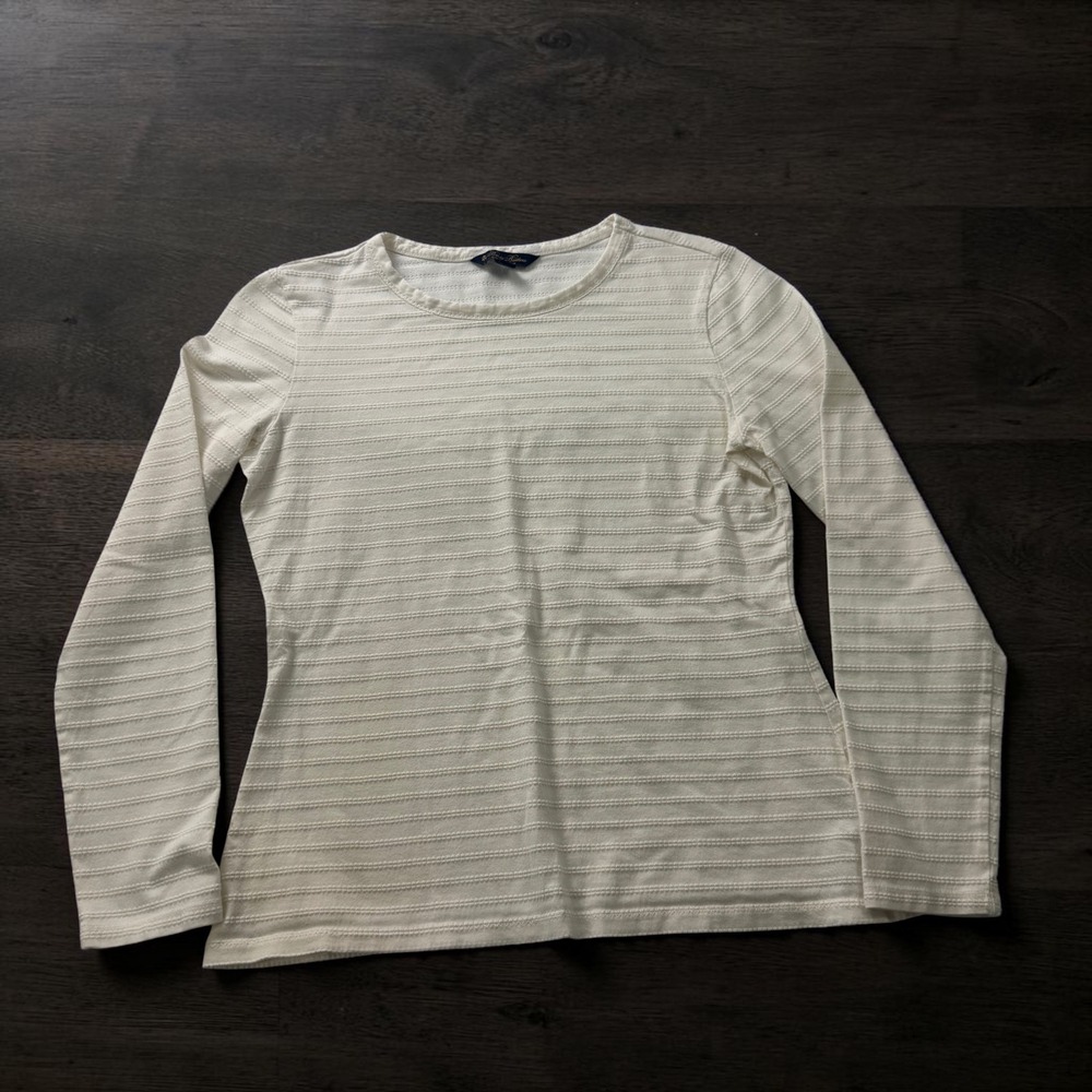 Brooks Brothers Ivory Supima Cotton Textured Stripe Pointelle Long Sleeve Top M